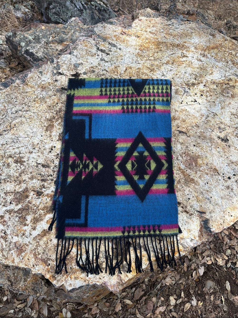 Southwestern Geometric Fringe Scarf in Teal, Black & Pink